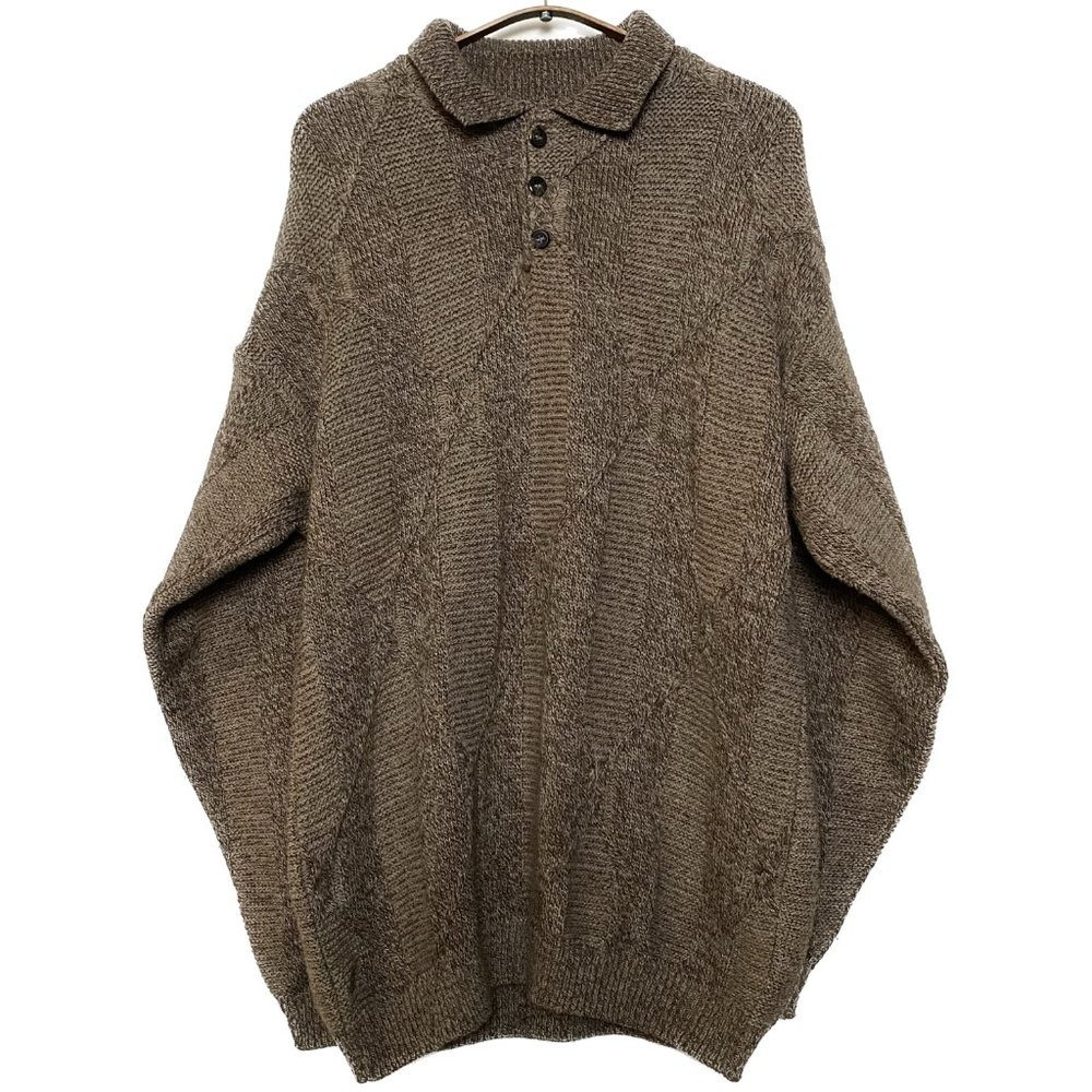Vintage Pierre Cardin Sweater Men Large Brown Wool Cable Knit Polo Grandpa 90s